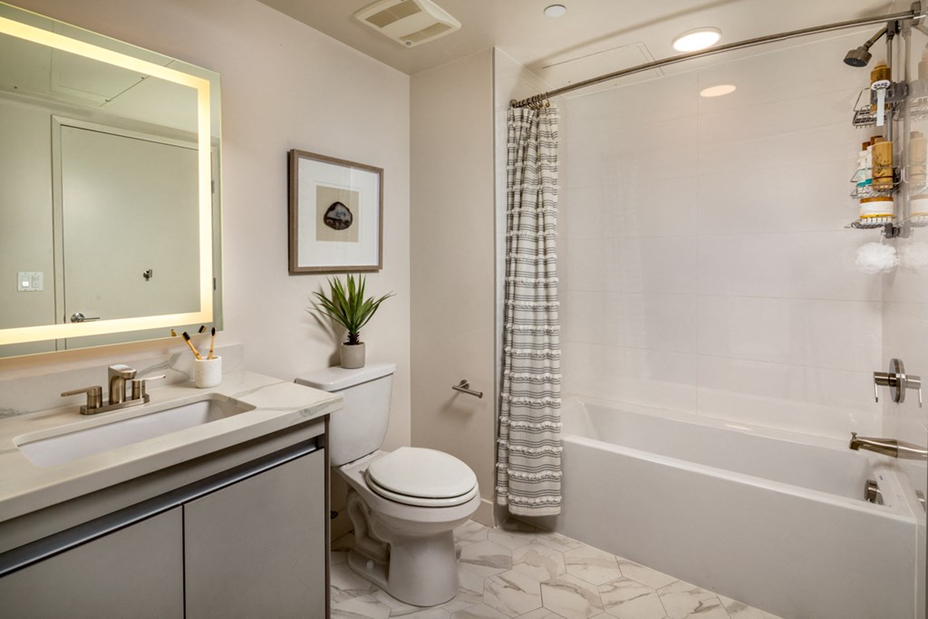 a bathroom with a shower toilet and sink and a mirror