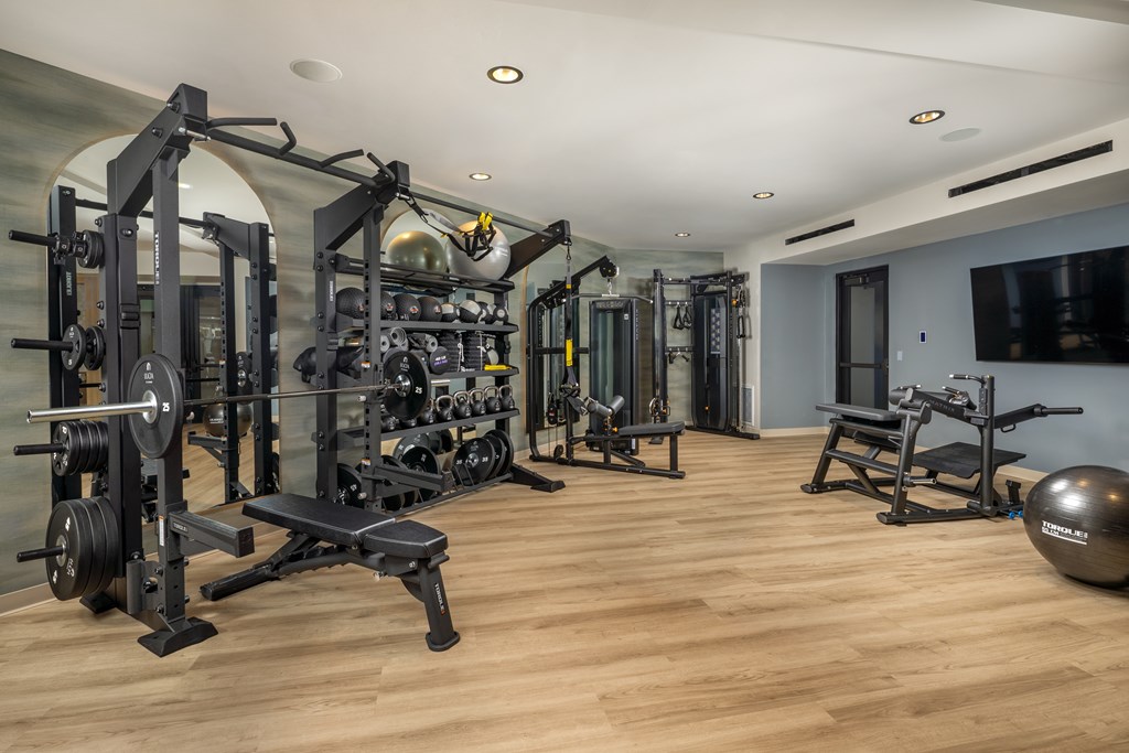 A well-equipped gym with a variety of exercise machines and weights.