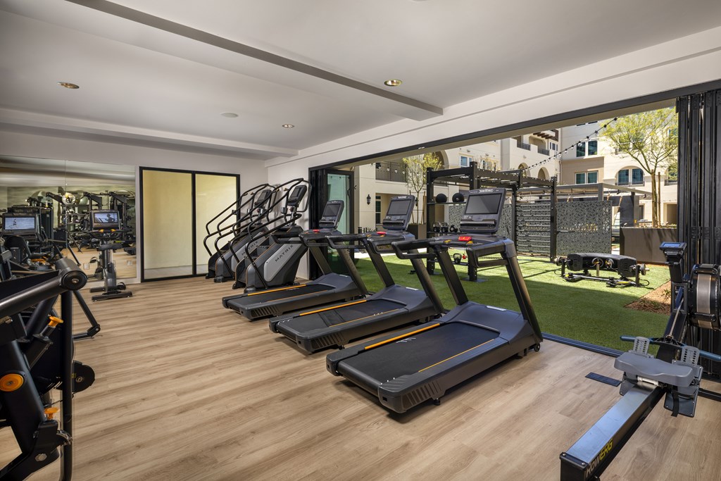 A gym with treadmills and other exercise equipment.
