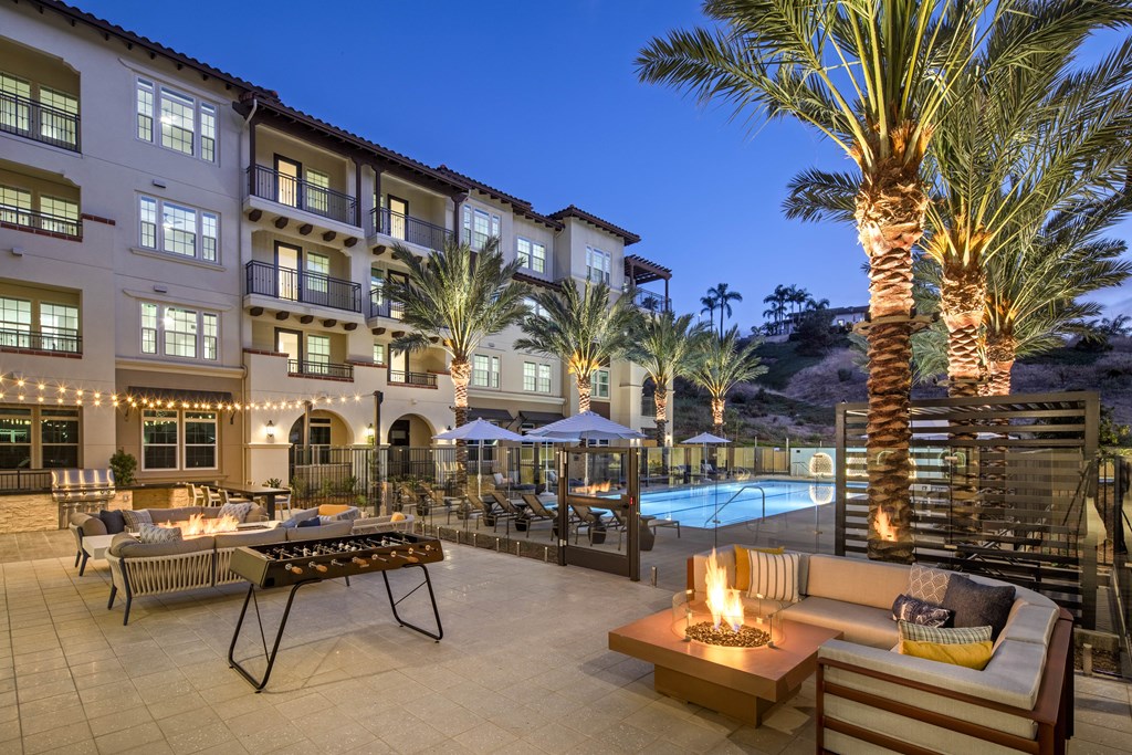 A patio with a fire pit and seating area.