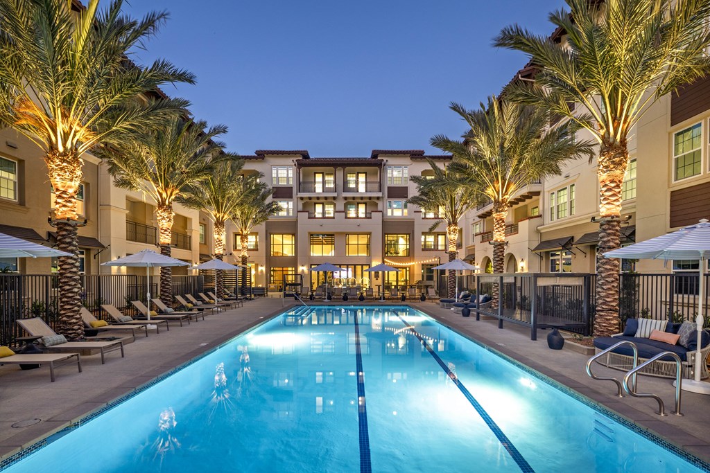 A swimming pool surrounded by palm trees and lounge chairs.