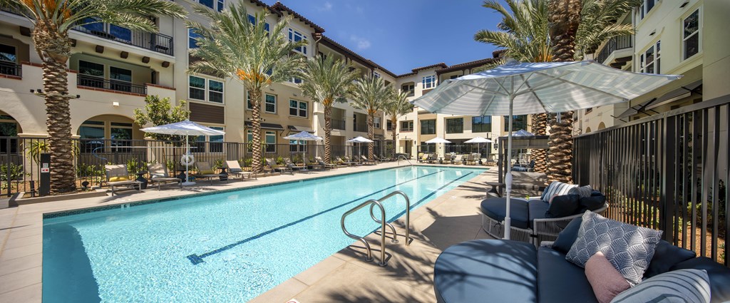 A pool surrounded by palm trees and a white umbrella.