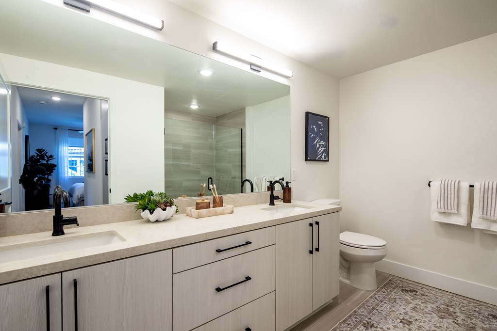 A bathroom with a toilet, sink, and mirror.