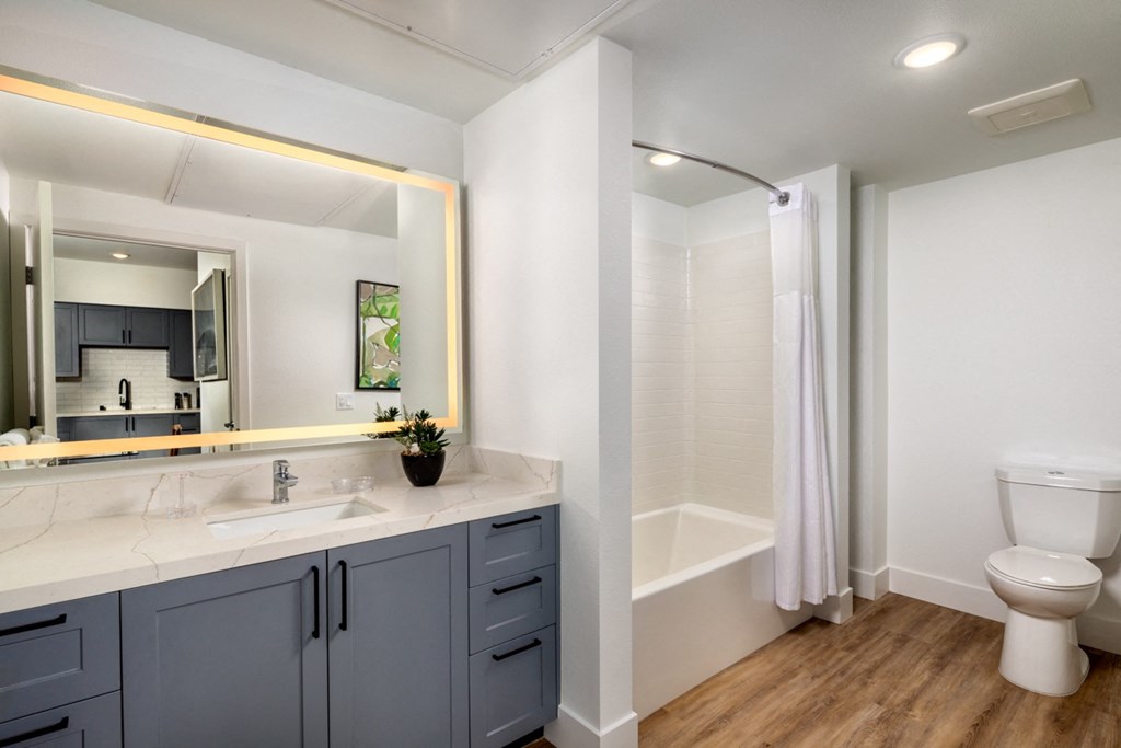 a bathroom with a toilet sink and a mirror and a shower
