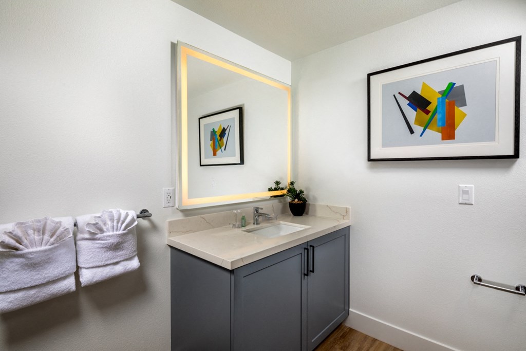 a bathroom with a sink and a mirror and a picture on the wall