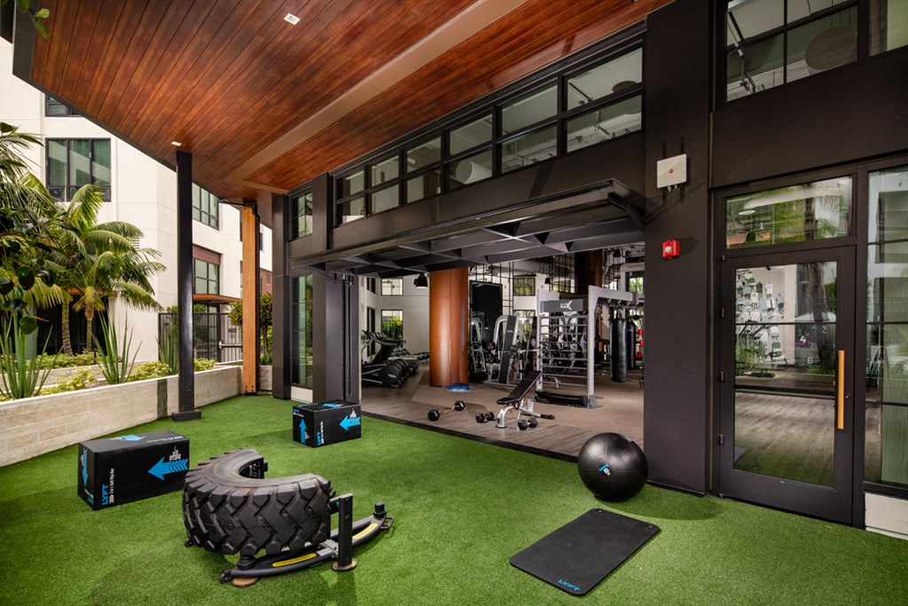 a home gym with green turf and a treadmill and weights on the floor