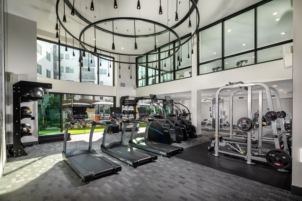 a gym with cardio equipment and windows in a building