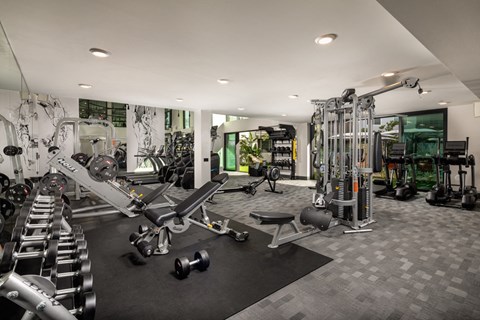 a gym with cardio machines and weights on the floor