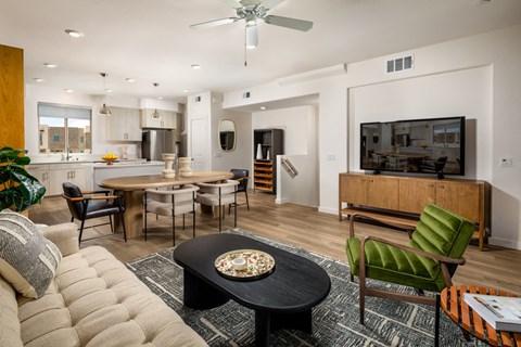 a living room with a couch and a table