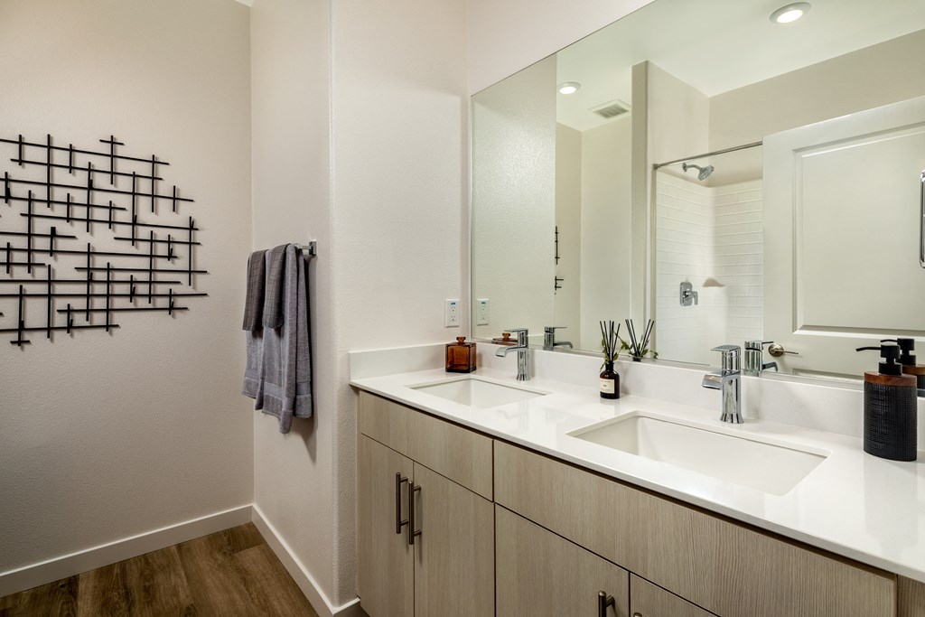 a bathroom with two sinks and a mirror
