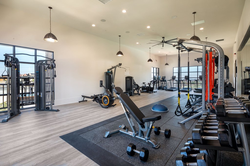 a gym with cardio equipment and weights at the enclave at woodbridge apartments in sugar land,