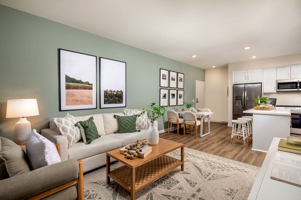 a living room with a couch and a table