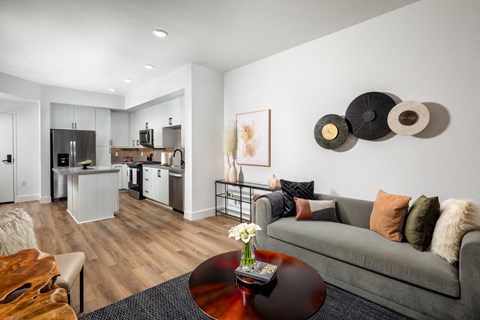 a living area with a couch coffee table and a kitchen in the background