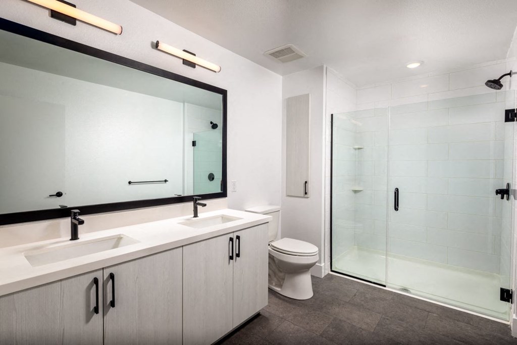a bathroom with a toilet sink mirror and shower at VORA LUX, San Diego, CA 92120