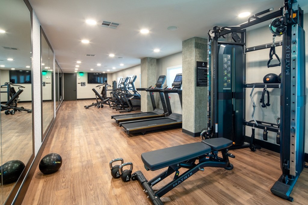 a large fitness room with treadmills and other exercise equipment at VORA LUX, San Diego