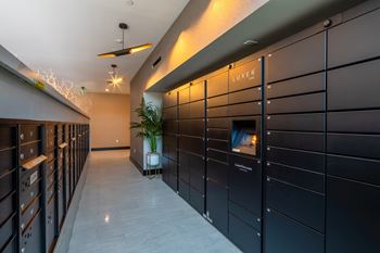 the lockers in the lobby of a building with a plant at VORA LUX, Mission Valley, California, 92120