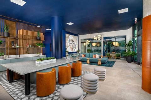 Leasing Lobby at the Wyatt Makers Quarter apartments in San Diego, CA