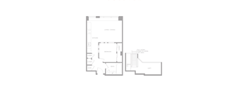 A floor plan of a small apartment with a living room, kitchen, bedroom, bathroom, and closets.
