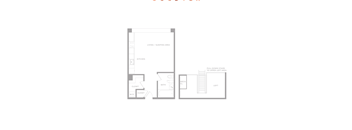 A floor plan of a small apartment with a living area, kitchen, bath, and loft.