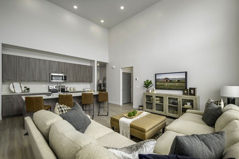 a living room with a couch and a table