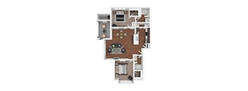 A top-down view of a house layout with a kitchen, living room, and bedrooms.
