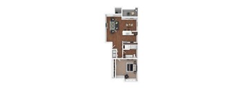 A top-down view of a small apartment with a kitchen, living room, and bathroom.