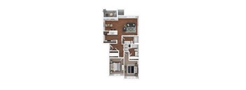 A floor plan of a two-bedroom apartment with a living room, kitchen, and bathroom.