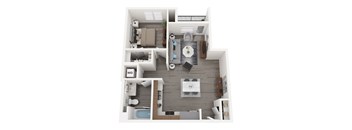 A top-down view of a small apartment with a kitchen, living room, and bathroom.