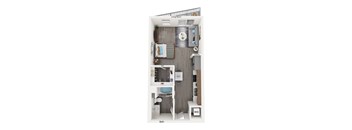 A floor plan of a small apartment with a bedroom, bathroom, and living room.