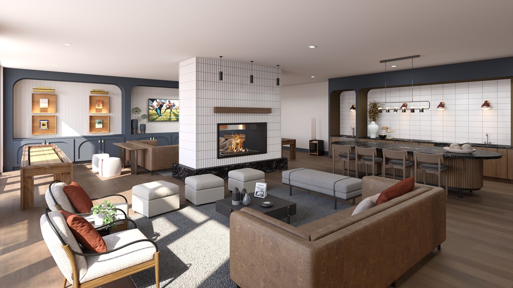 A modern living room with a fireplace and a brown couch.