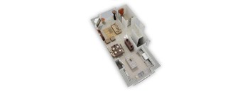 A 3D floor plan of a house with a living room, kitchen, dining room, and bathroom.