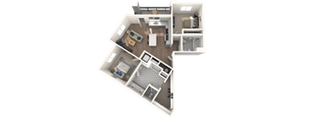 A 3D floor plan of a house with a kitchen, living room, and two bedrooms.