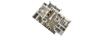 A 3D floor plan of a house with a kitchen, living room, and bedrooms.