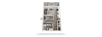 A 3D floor plan of a small apartment with a kitchen, living room, and bathroom.