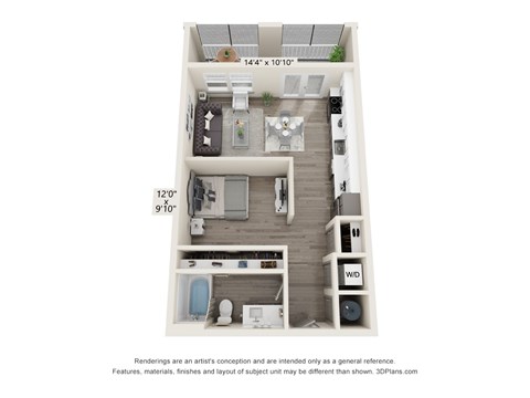 A 3D floor plan of a small apartment with a kitchen, living room, and bathroom.
