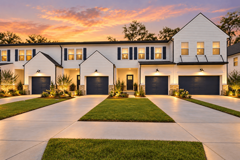A white house with black garage doors is shown.