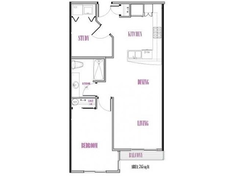 A floor plan of a house with labeled rooms such as Bedroom, Bathroom, Kitchen, Living room, and Balcony.