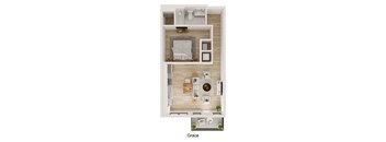 A floor plan of a small apartment with a kitchen, living room, and bathroom.