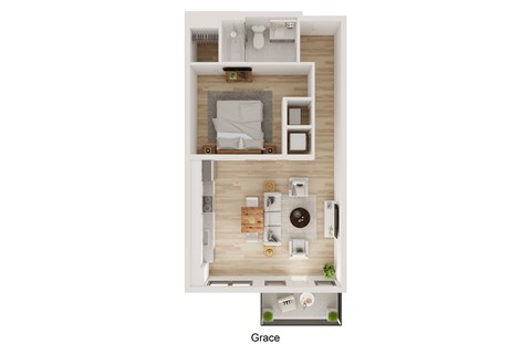 A floor plan of a small apartment with a kitchen, living room, and bathroom.