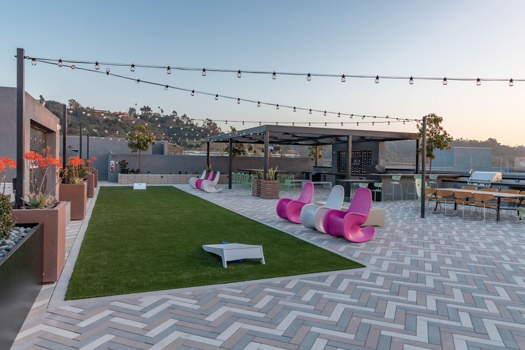 Outdoor lounge area at Gravity, San Diego, CA
