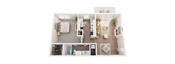 A top-down view of a modern apartment layout with a kitchen, living room, and bathroom.