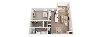 A top-down view of a modern apartment with a kitchen, living room, and bathroom.