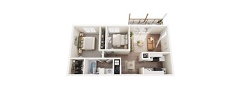 A top-down view of a modern apartment layout.