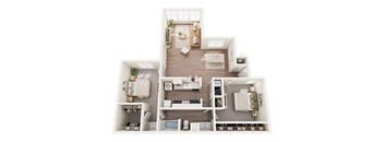 A top-down view of a small apartment with a kitchen, living room, and bedroom.