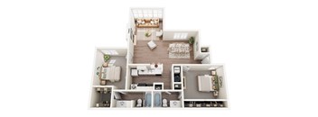 A top-down view of a modern apartment layout.