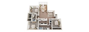 A top-down view of a small apartment with a kitchen, living room, and bedrooms.