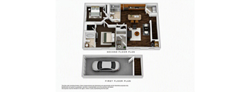 A floor plan of a house with two bedrooms, a living room, a kitchen, and a garage.