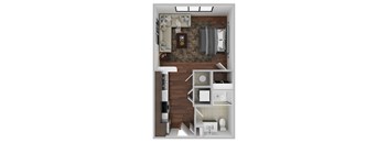 A top-down view of a small apartment with a living room, kitchen, and bathroom.