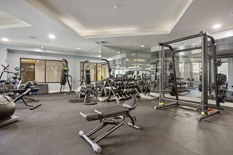 A spacious gym with a variety of equipment including treadmills, weights, and exercise machines.
