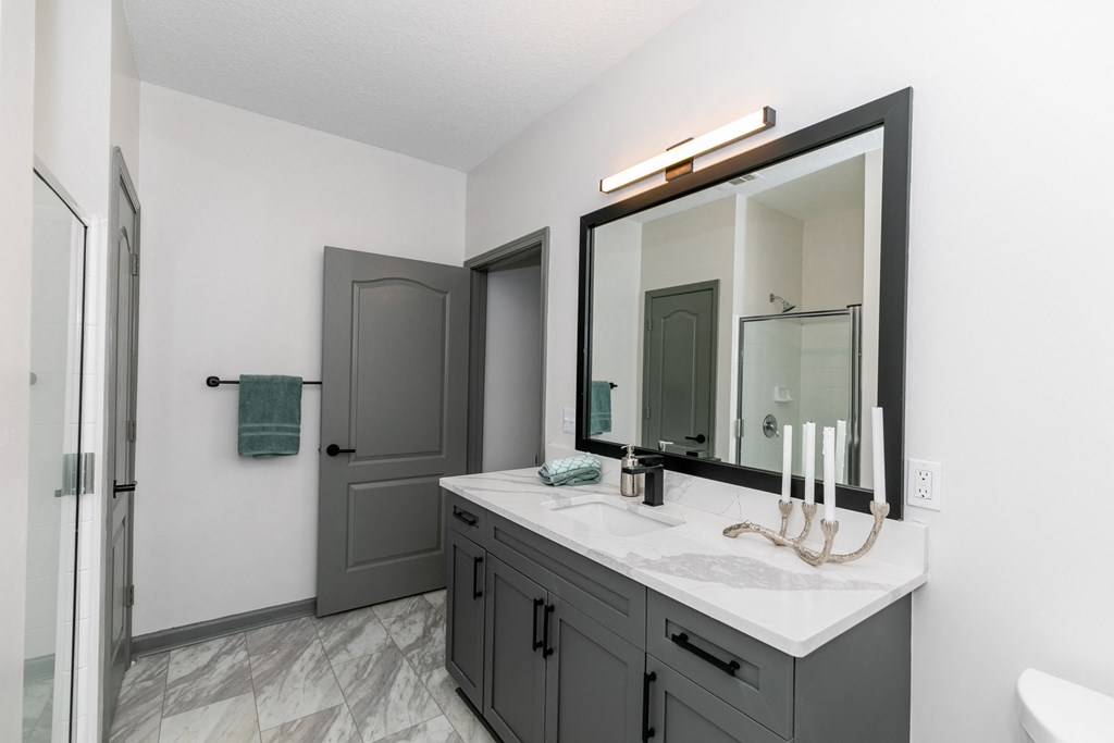 a bathroom with a sink and a mirror